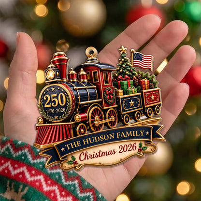 Personalized Patriotic Steam Train 250th Wood Ornament