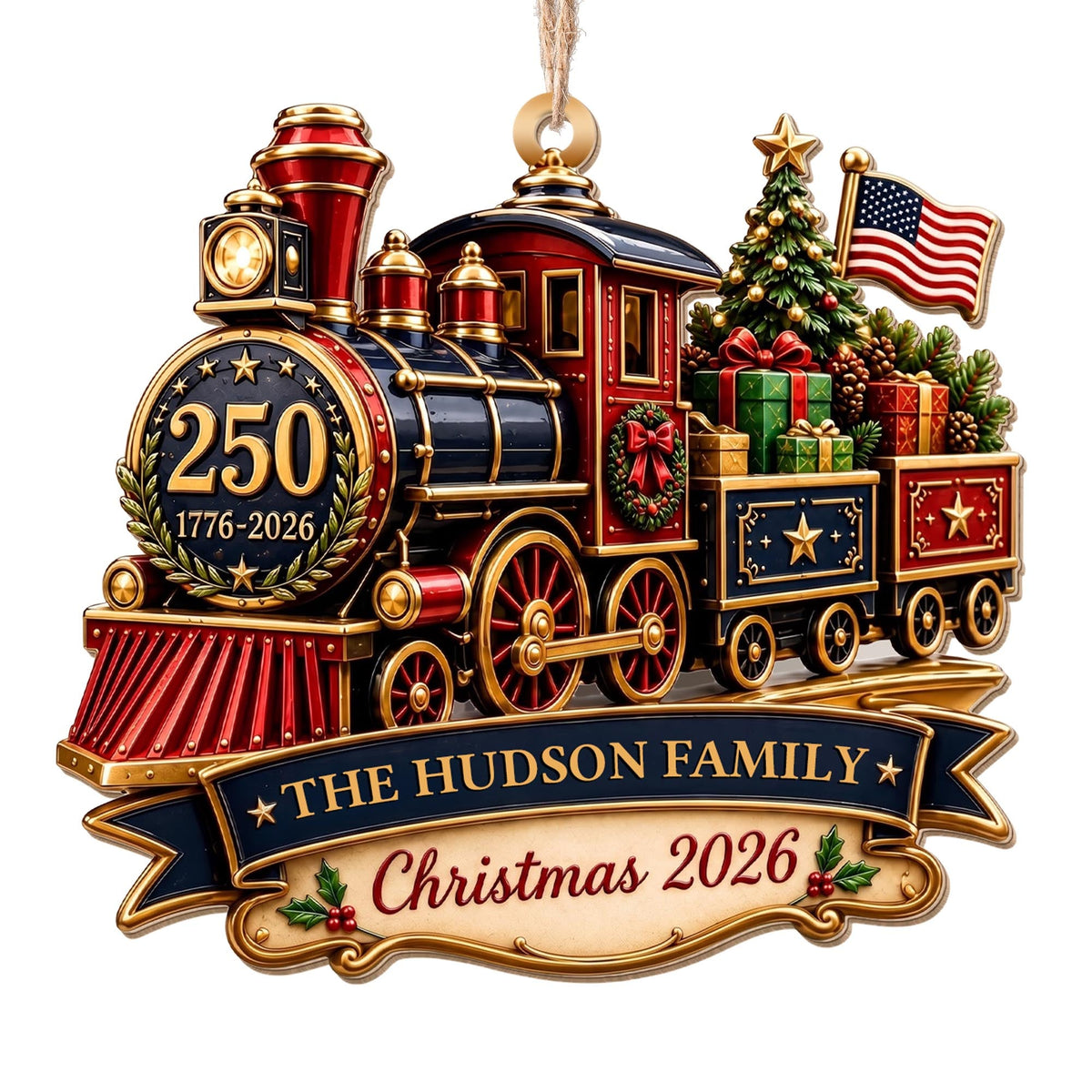 Personalized Patriotic Steam Train 250th Wood Ornament