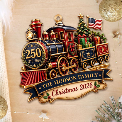 Personalized Patriotic Steam Train 250th Wood Ornament