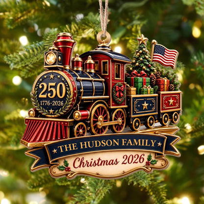 Personalized Patriotic Steam Train 250th Wood Ornament