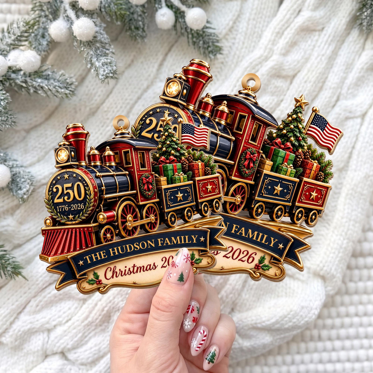 Personalized Patriotic Steam Train 250th Wood Ornament