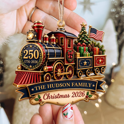 Personalized Patriotic Steam Train 250th Wood Ornament