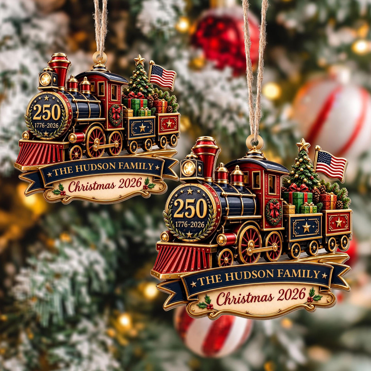 Personalized Patriotic Steam Train 250th Wood Ornament