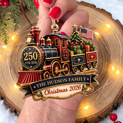 Personalized Patriotic Steam Train 250th Wood Ornament