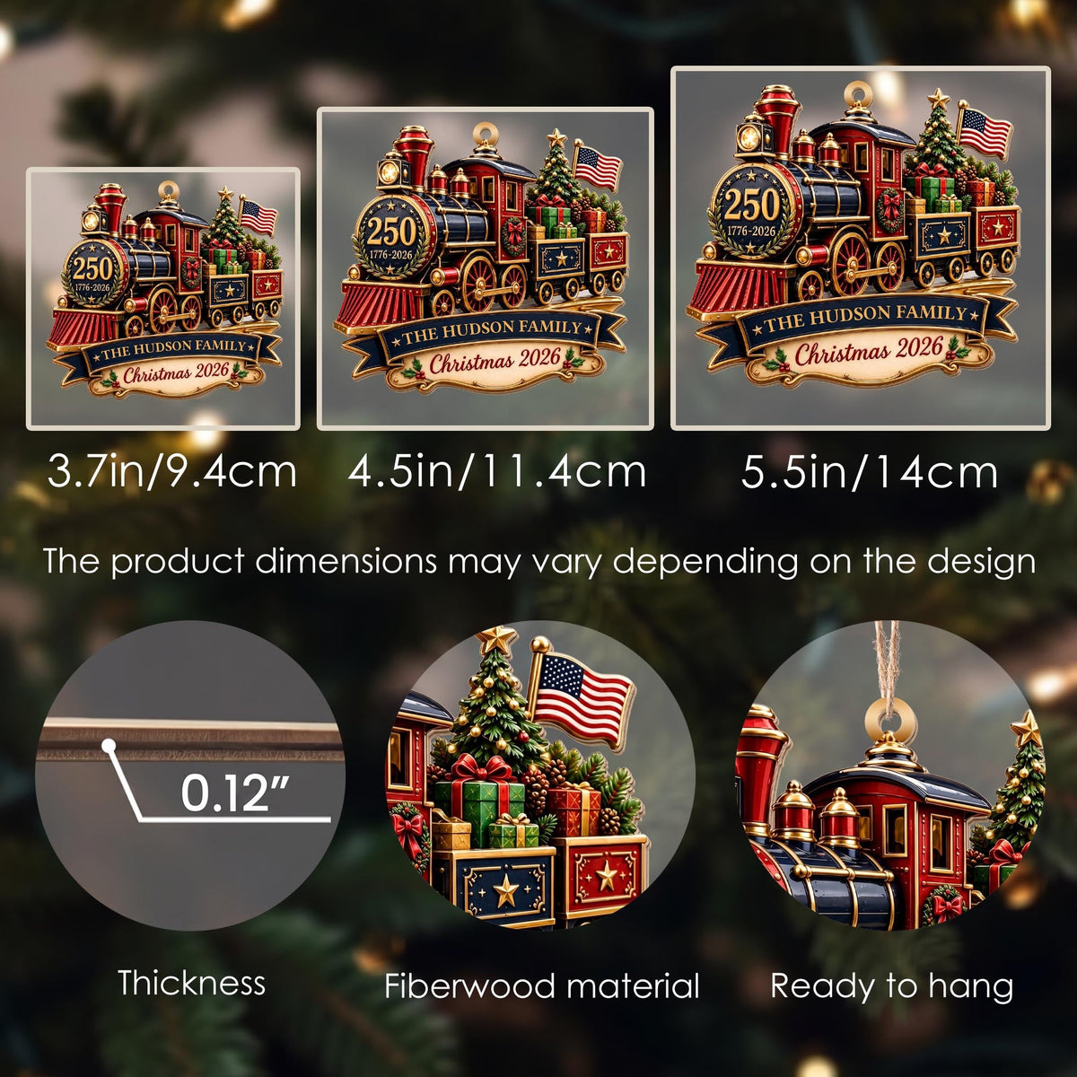 Personalized Patriotic Steam Train 250th Wood Ornament