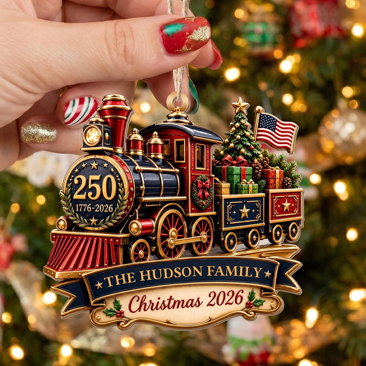 Personalized Patriotic Steam Train 250th Wood Ornament
