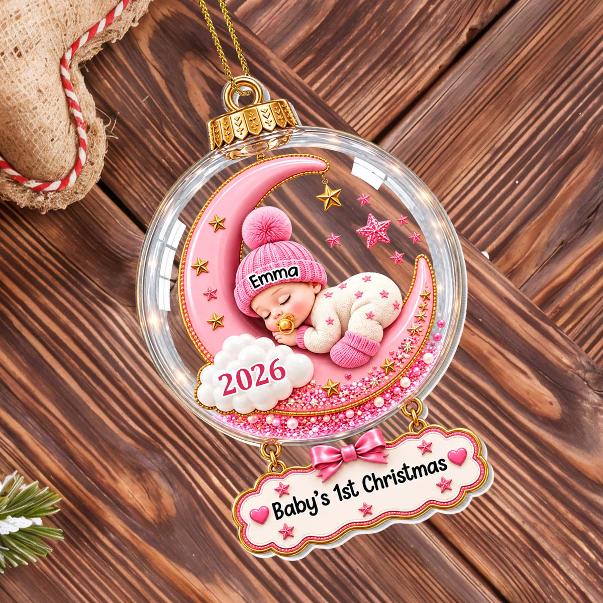 Baby's First Christmas Sleeping On Moon And Stars - Personalized Custom Acrylic Ornament, Christmas Gift - KID1004_ACO