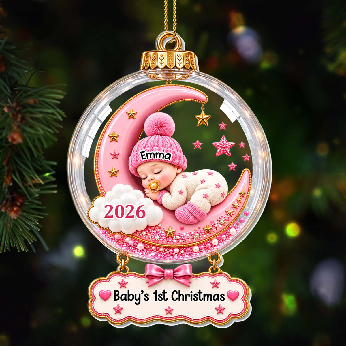 Baby's First Christmas Sleeping On Moon And Stars - Personalized Custom Acrylic Ornament, Christmas Gift - KID1004_ACO