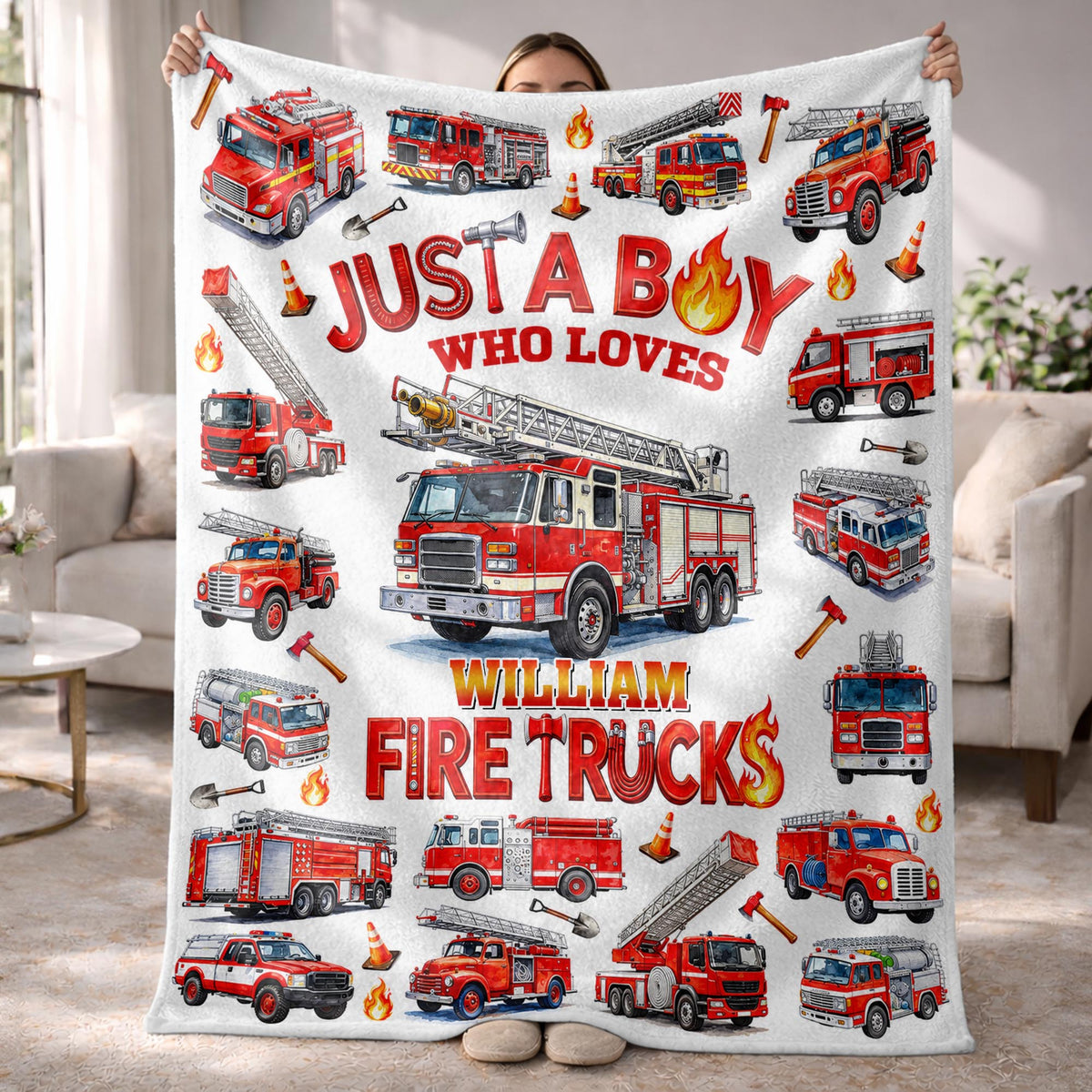 Just A Boy Who Loves Fire Trucks Colorful Fire Engines - Personalized Custom Blanket - KID1017_BLK
