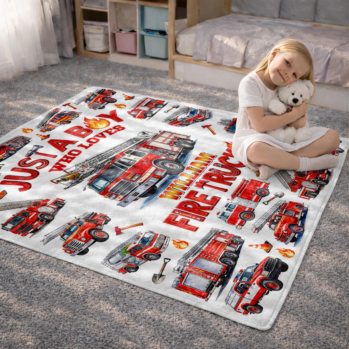 Just A Boy Who Loves Fire Trucks Colorful Fire Engines - Personalized Custom Blanket - KID1017_BLK