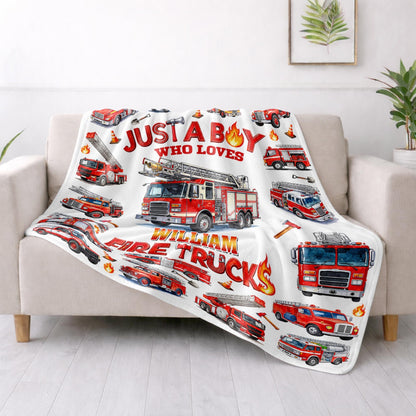 Just A Boy Who Loves Fire Trucks Colorful Fire Engines - Personalized Custom Blanket - KID1017_BLK