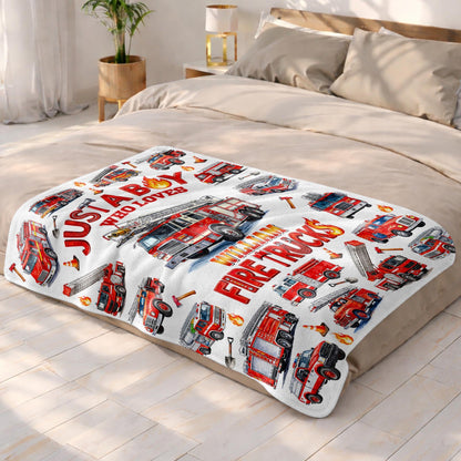 Just A Boy Who Loves Fire Trucks Colorful Fire Engines - Personalized Custom Blanket - KID1017_BLK