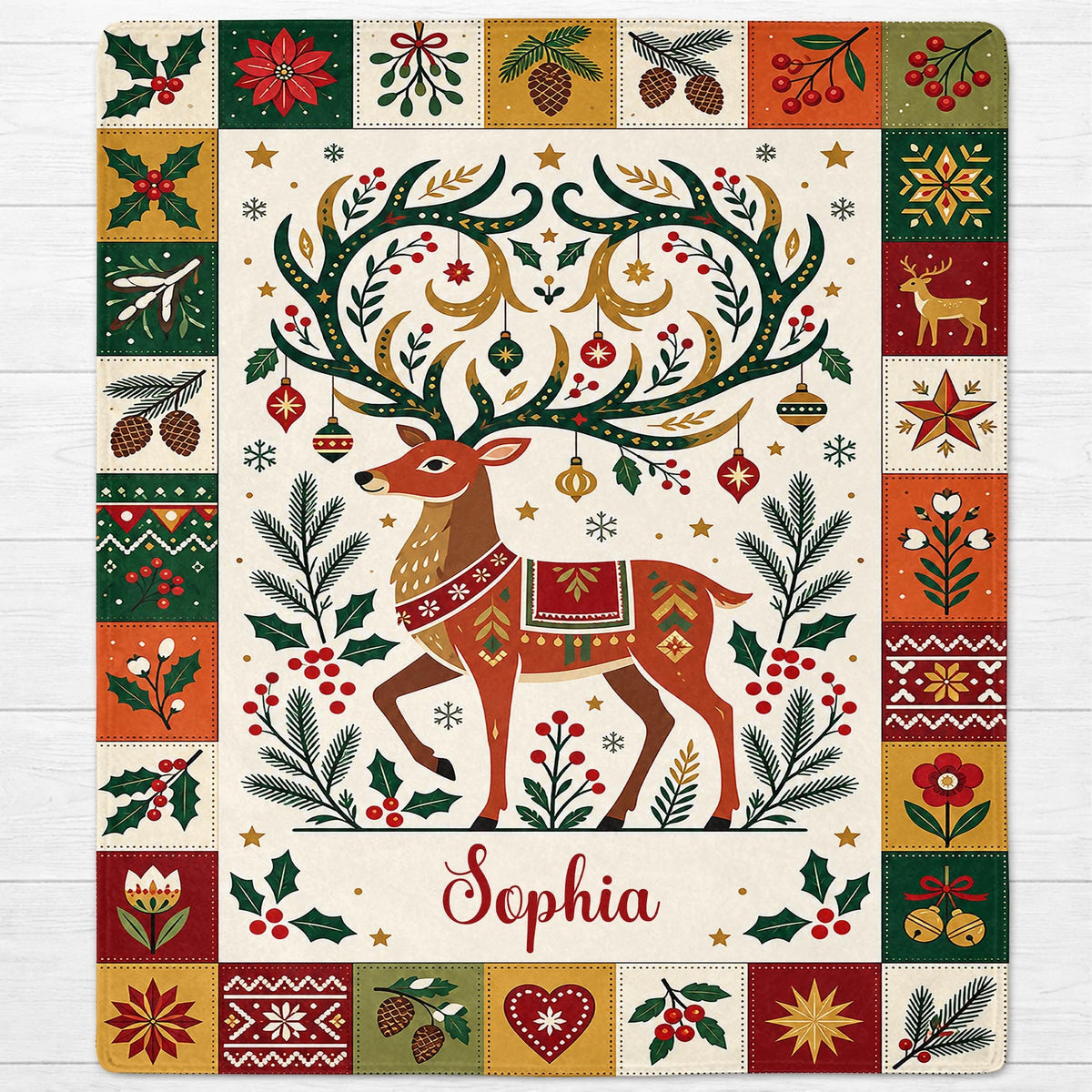 Warm Wishes And Holiday Cheer Reindeer Antlers With Ornaments - Personalized Custom Blanket - KID1019_BLK