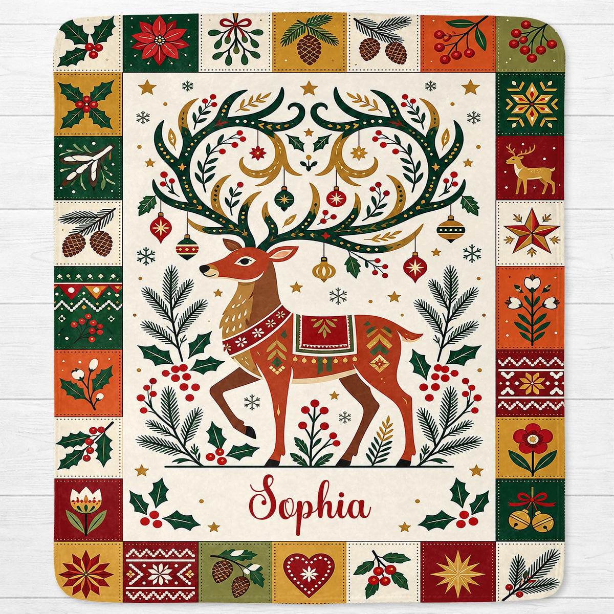 Warm Wishes And Holiday Cheer Reindeer Antlers With Ornaments - Personalized Custom Blanket - KID1019_BLK