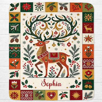 Warm Wishes And Holiday Cheer Reindeer Antlers With Ornaments - Personalized Custom Blanket - KID1019_BLK