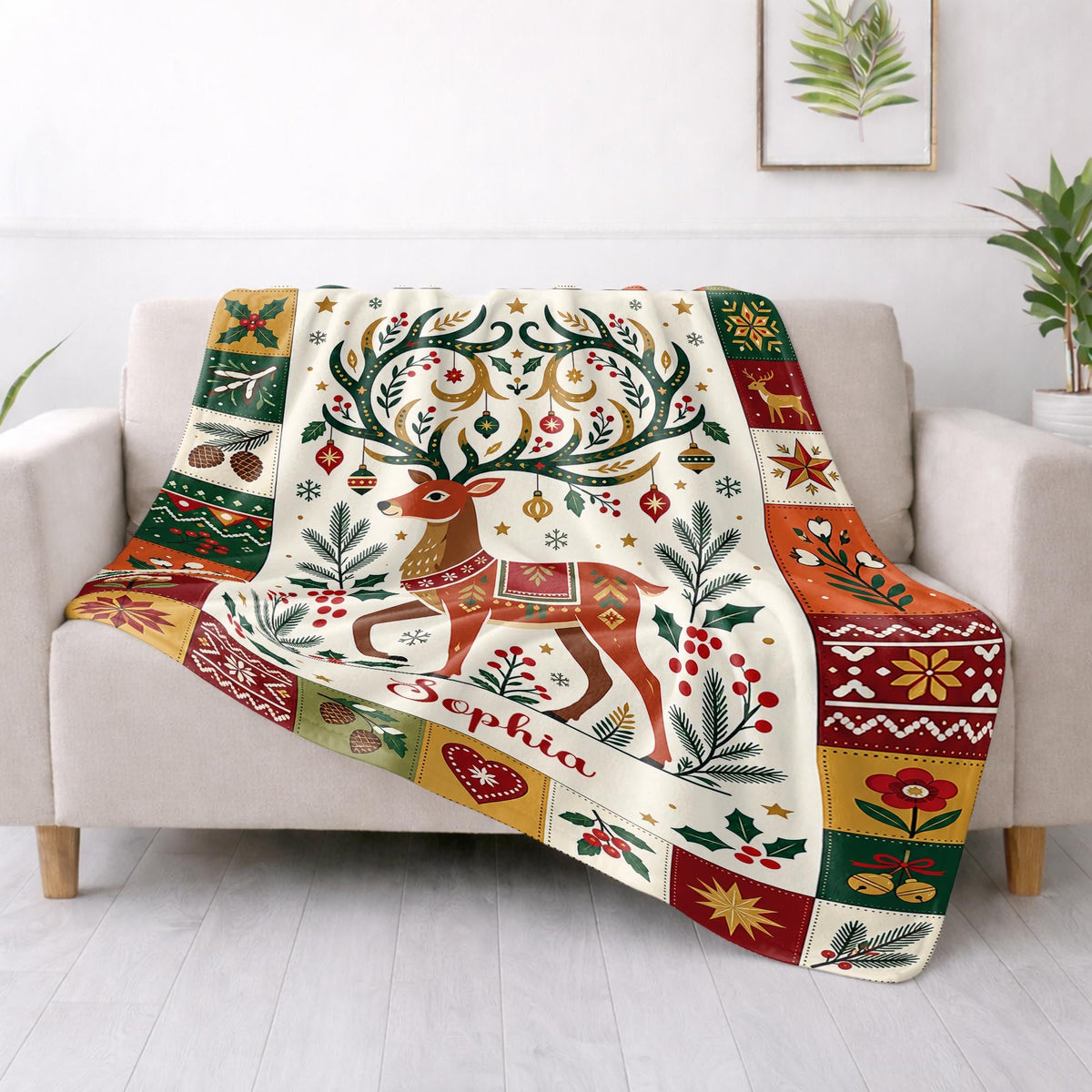 Warm Wishes And Holiday Cheer Reindeer Antlers With Ornaments - Personalized Custom Blanket - KID1019_BLK