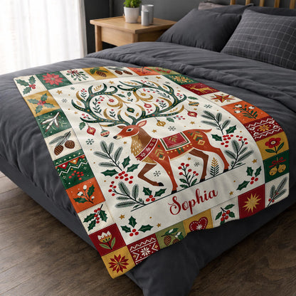 Warm Wishes And Holiday Cheer Reindeer Antlers With Ornaments - Personalized Custom Blanket - KID1019_BLK