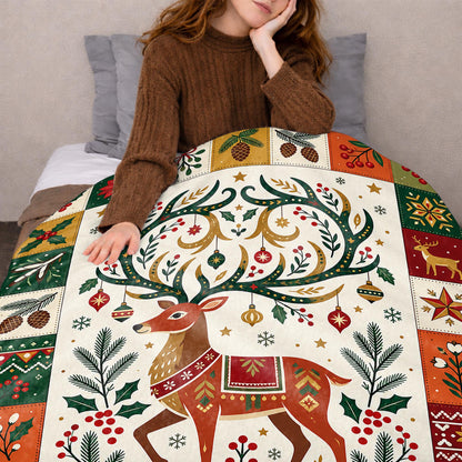 Warm Wishes And Holiday Cheer Reindeer Antlers With Ornaments - Personalized Custom Blanket - KID1019_BLK