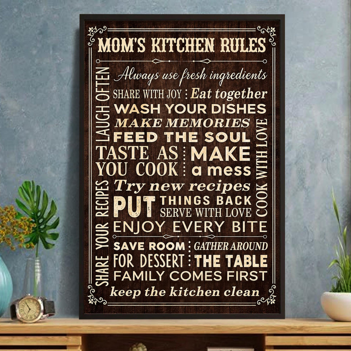 Mom's Kitchen Rules Always Use Fresh Ingredients Wooden Style Design - Personalized Custom Vertical Poster - MOM453_VPOS