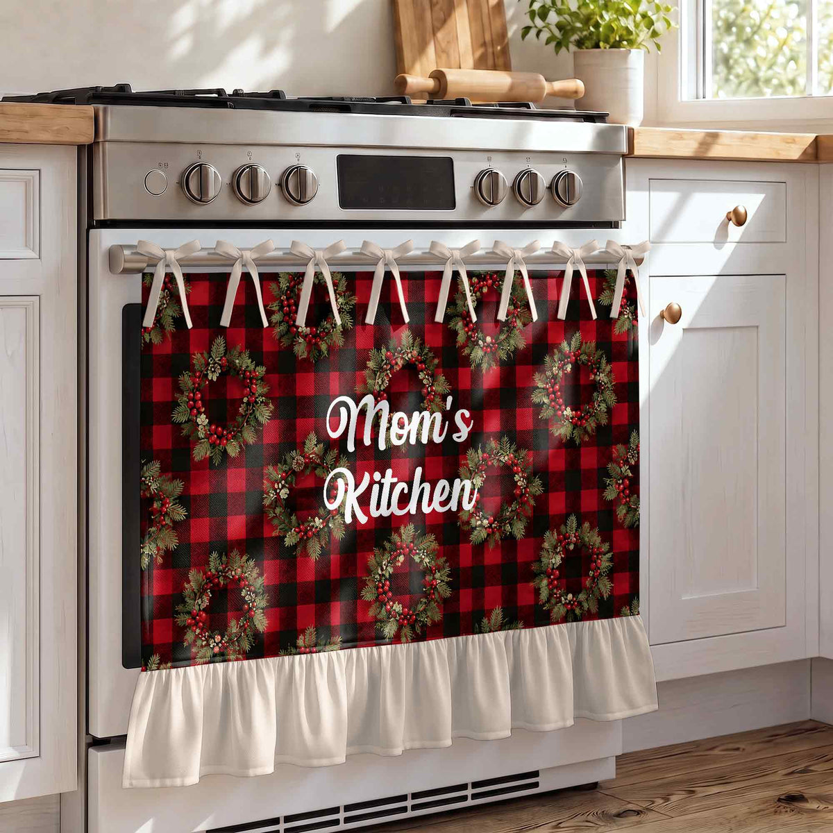 Mom's Kitchen Red Buffalo Plaid Christmas Wreath - Personalized Oven Skirt Curtain - MOM455_OSKCU