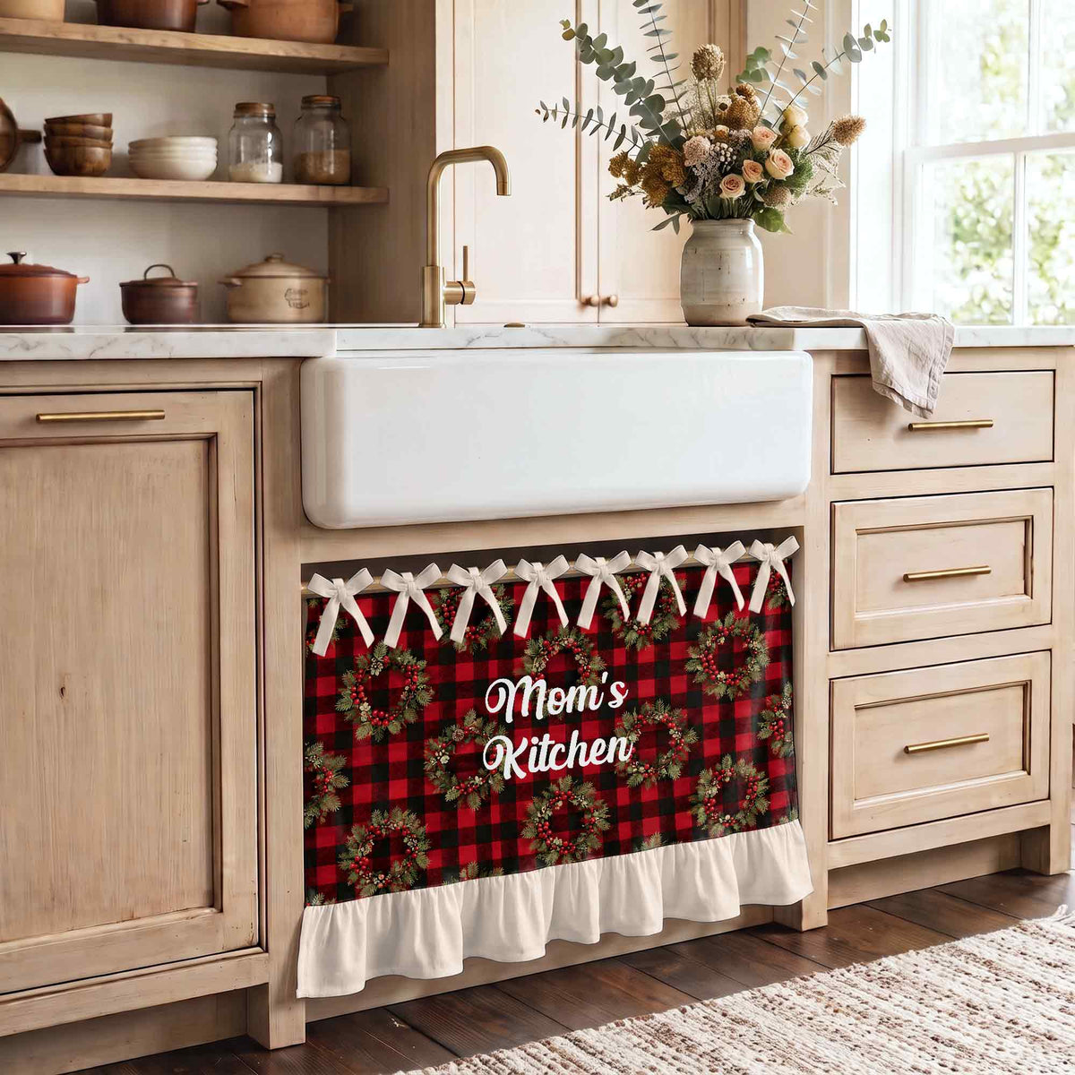 Mom's Kitchen Red Buffalo Plaid Christmas Wreath - Personalized Oven Skirt Curtain - MOM455_OSKCU