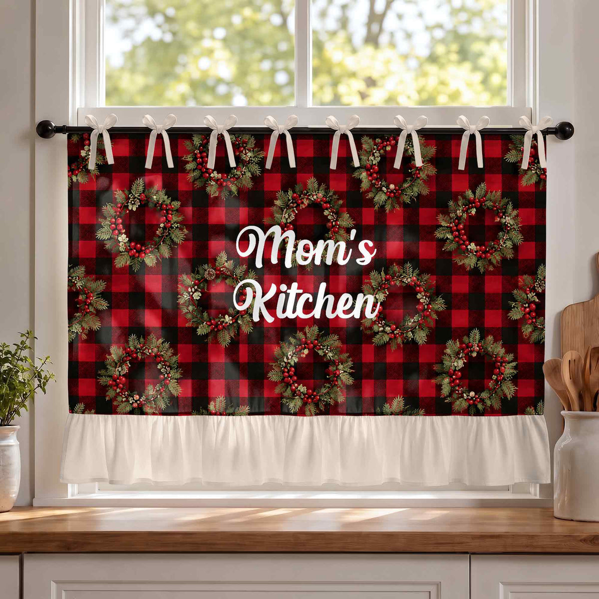 Mom's Kitchen Red Buffalo Plaid Christmas Wreath - Personalized Oven Skirt Curtain - MOM455_OSKCU