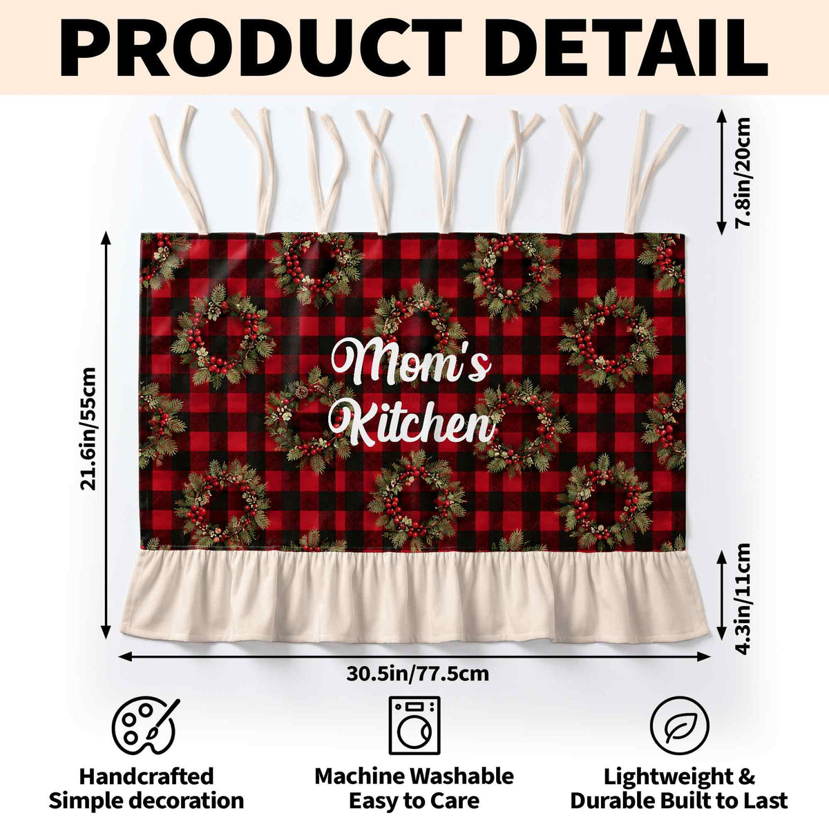 Mom's Kitchen Red Buffalo Plaid Christmas Wreath - Personalized Oven Skirt Curtain - MOM455_OSKCU