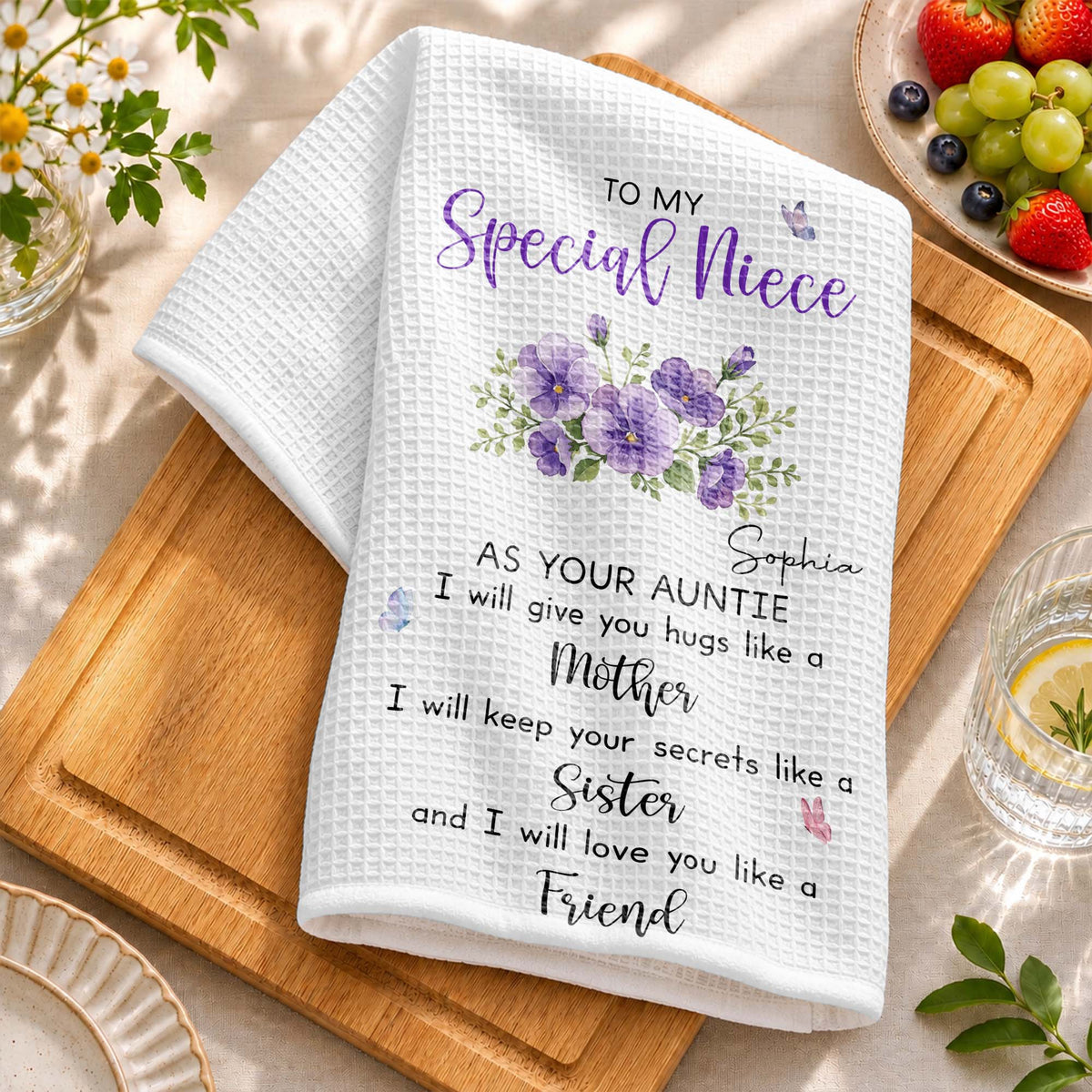 To My Special Niece Hugs Like A Mother Purple Flowers Butterfly - Personalized Kitchen Towel - NCE134_TOWL