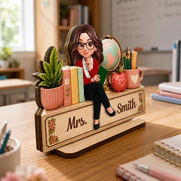 Personalized Teacher Books And Globe Wooden Plaque