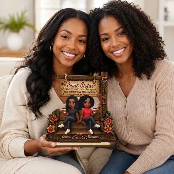 Personalized Layered Wooden Plaque, Soul Sistas Sharing Coffee on a Rustic Bench, Unique Gift for Best Friend