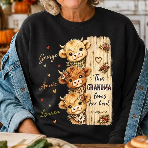 Custom Grandma Sweatshirt with Highland Cow Herd T-Shirt