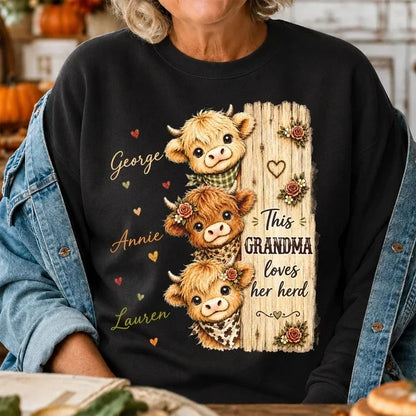 Custom Grandma Sweatshirt with Highland Cow Herd T-Shirt