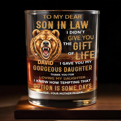 To My Dear Son In Law Grizzly Wild Bear Art - Personalized Custom Whiskey Glass - SILA150_RWG