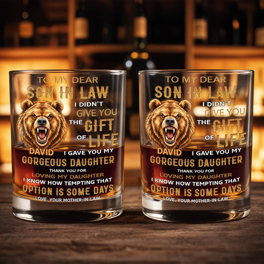 Personalized Grizzly Bear Son In Law Whiskey Glass