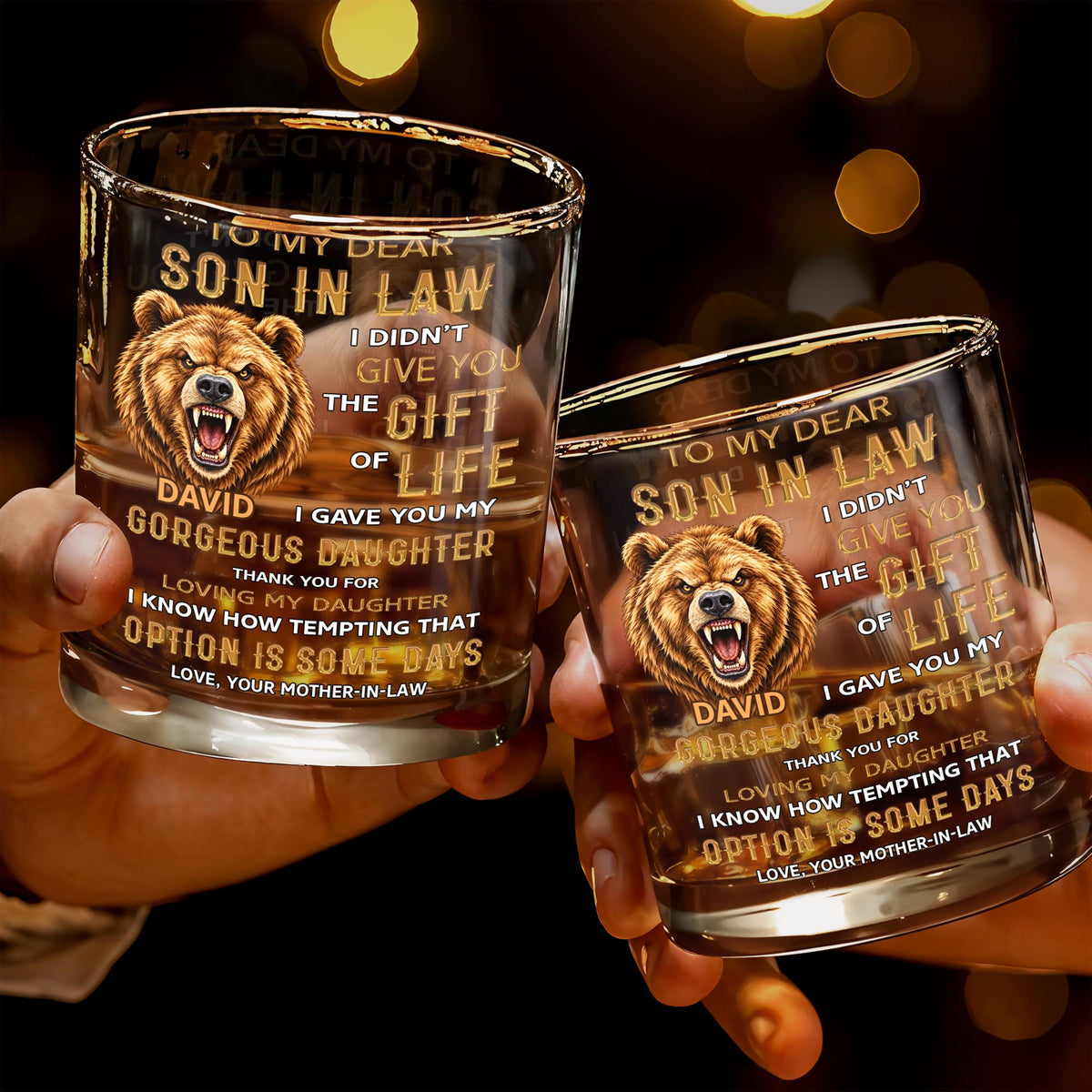 To My Dear Son In Law Grizzly Wild Bear Art - Personalized Custom Whiskey Glass - SILA150_RWG