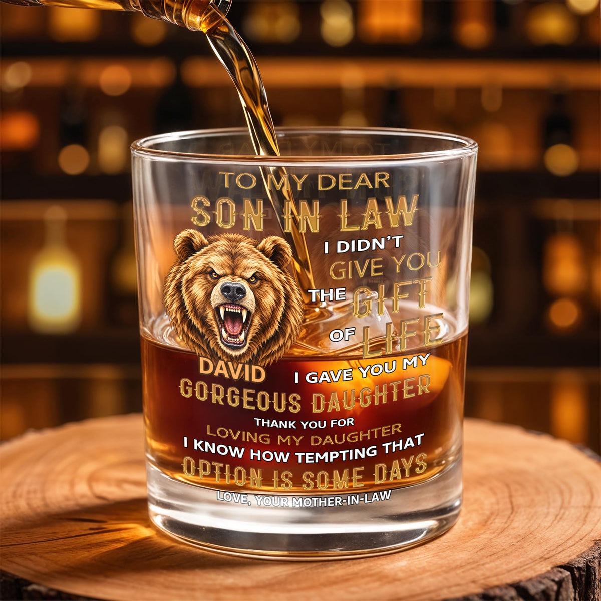 To My Dear Son In Law Grizzly Wild Bear Art - Personalized Custom Whiskey Glass - SILA150_RWG