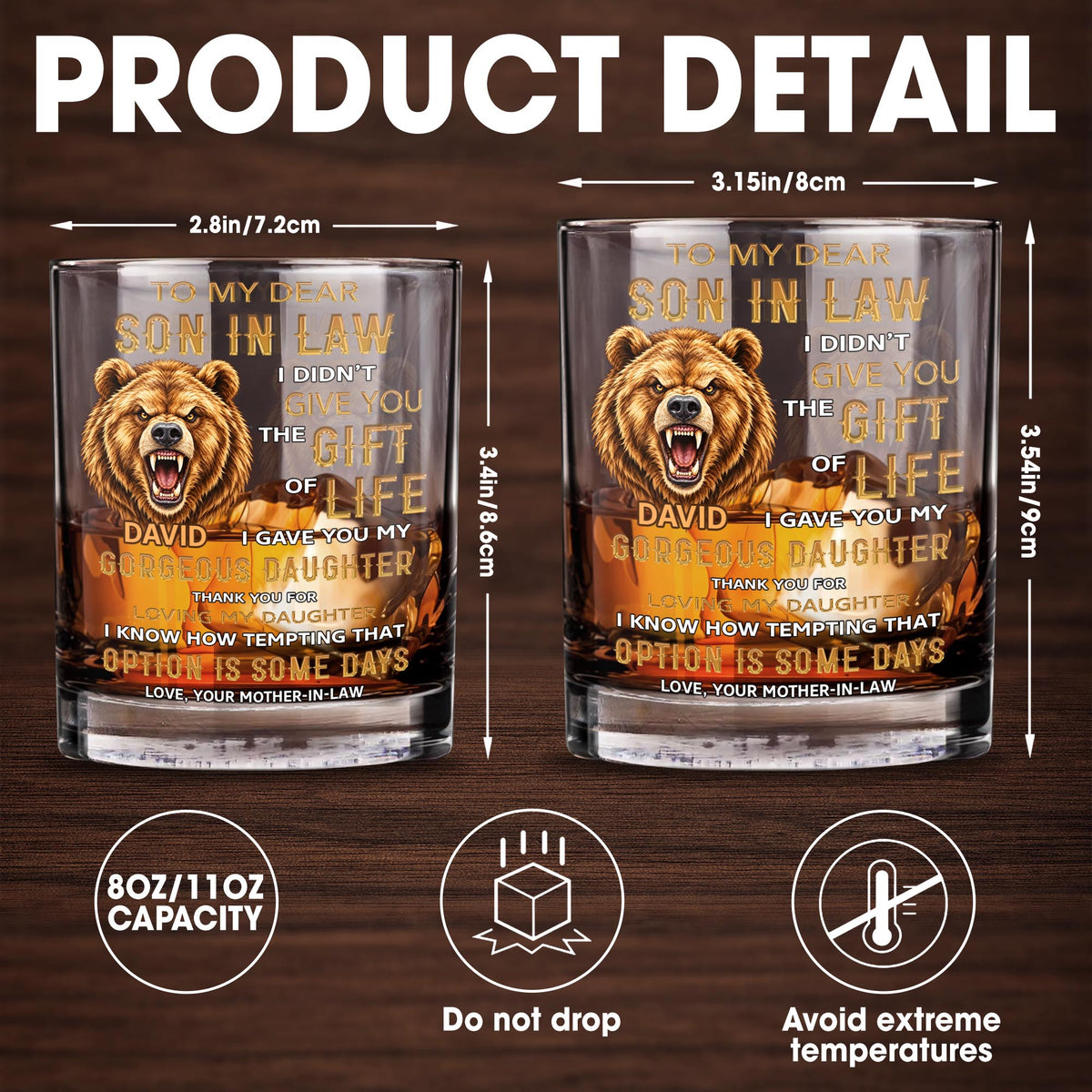 To My Dear Son In Law Grizzly Wild Bear Art - Personalized Custom Whiskey Glass - SILA150_RWG