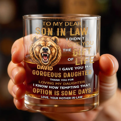 To My Dear Son In Law Grizzly Wild Bear Art - Personalized Custom Whiskey Glass - SILA150_RWG