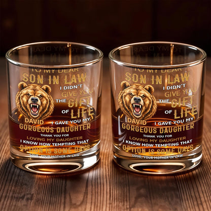 To My Dear Son In Law Grizzly Wild Bear Art - Personalized Custom Whiskey Glass - SILA150_RWG