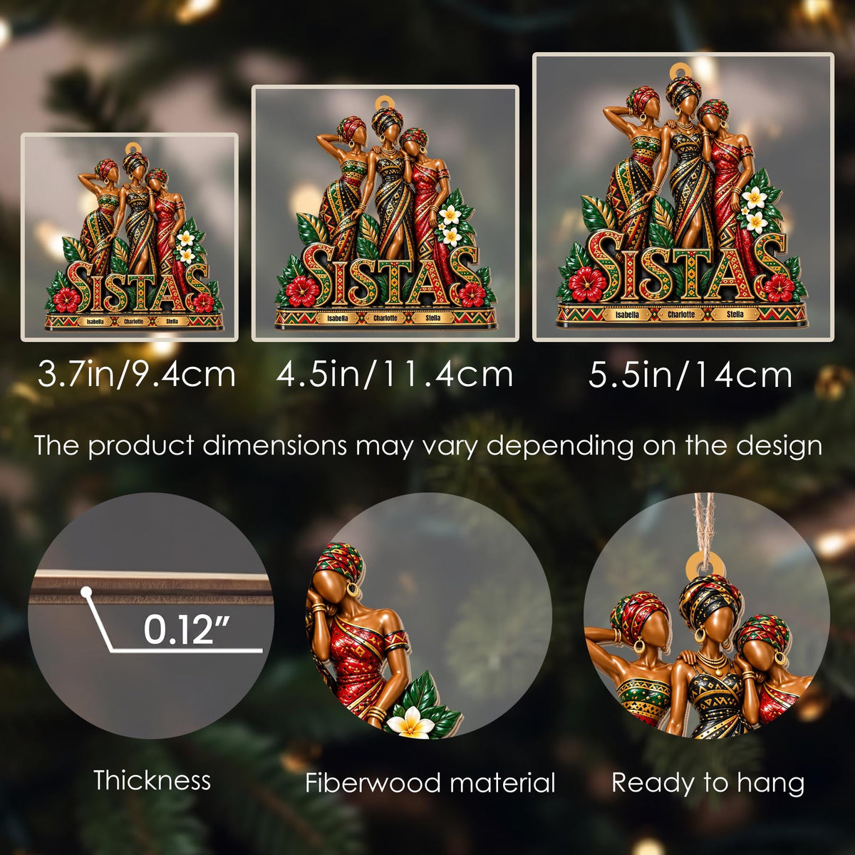 Personalized Sistas African Girls Custom Wood Ornament