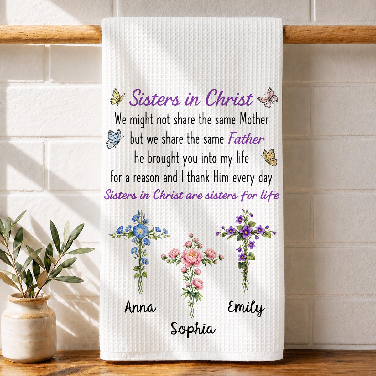 Sisters In Christ We Might Not Share The Same Mother Floral Cross - Personalized Kitchen Towel - SIS274_TOWL