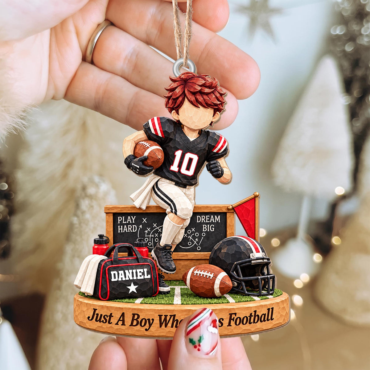 Personalized Boy Who Loves Football Helmet Wood Ornament