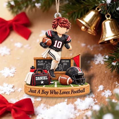 Personalized Boy Who Loves Football Helmet Wood Ornament