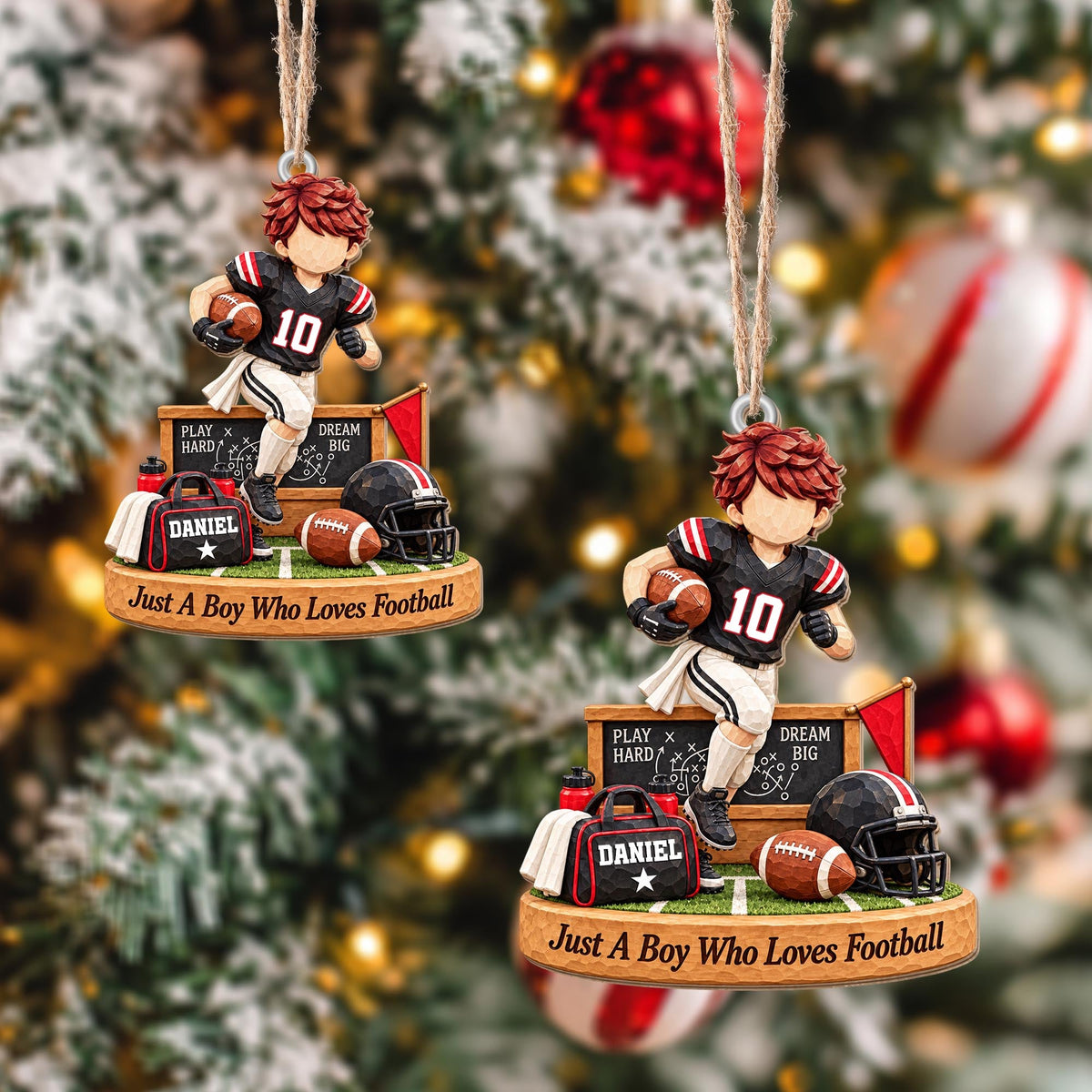 Personalized Boy Who Loves Football Helmet Wood Ornament