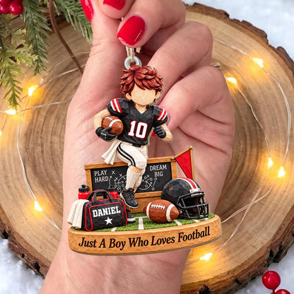 Personalized Boy Who Loves Football Helmet Wood Ornament