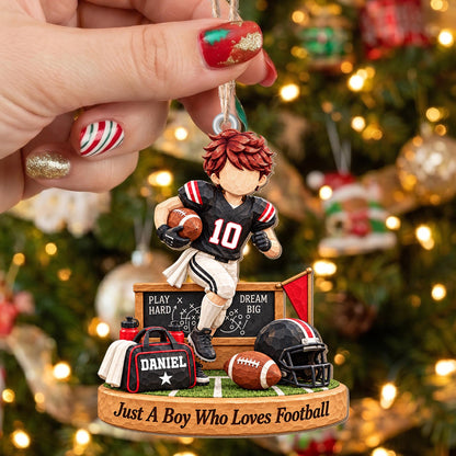 Personalized Boy Who Loves Football Helmet Wood Ornament