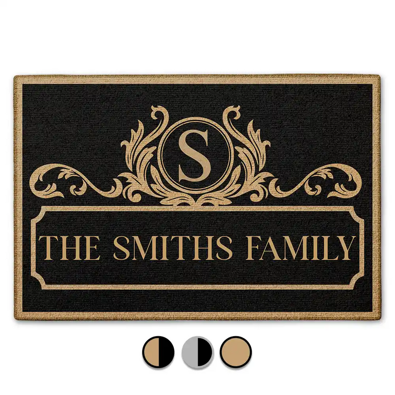 Personalized Family Monogram Black And Gold Doormat