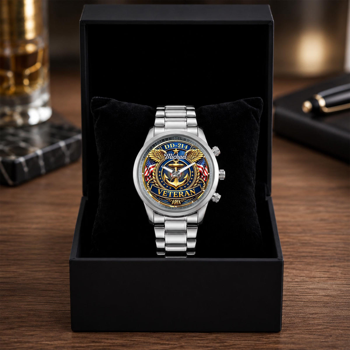 DD-214 Veteran US Navy Anchor And Wings Design - Personalized Custom Men's Watch - VTR025_CUMWA