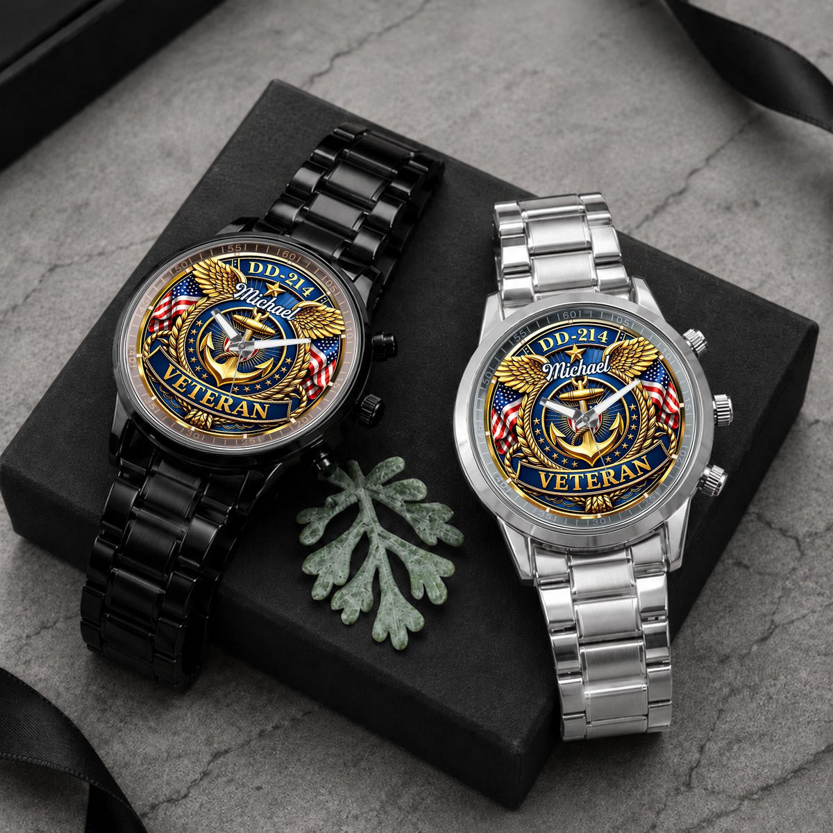 DD-214 Veteran US Navy Anchor And Wings Design - Personalized Custom Men's Watch - VTR025_CUMWA