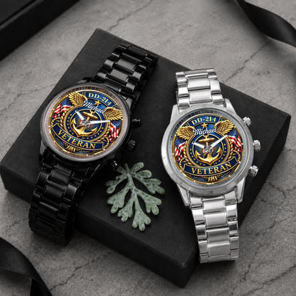DD-214 Veteran US Navy Anchor And Wings Design - Personalized Custom Men's Watch - VTR025_CUMWA